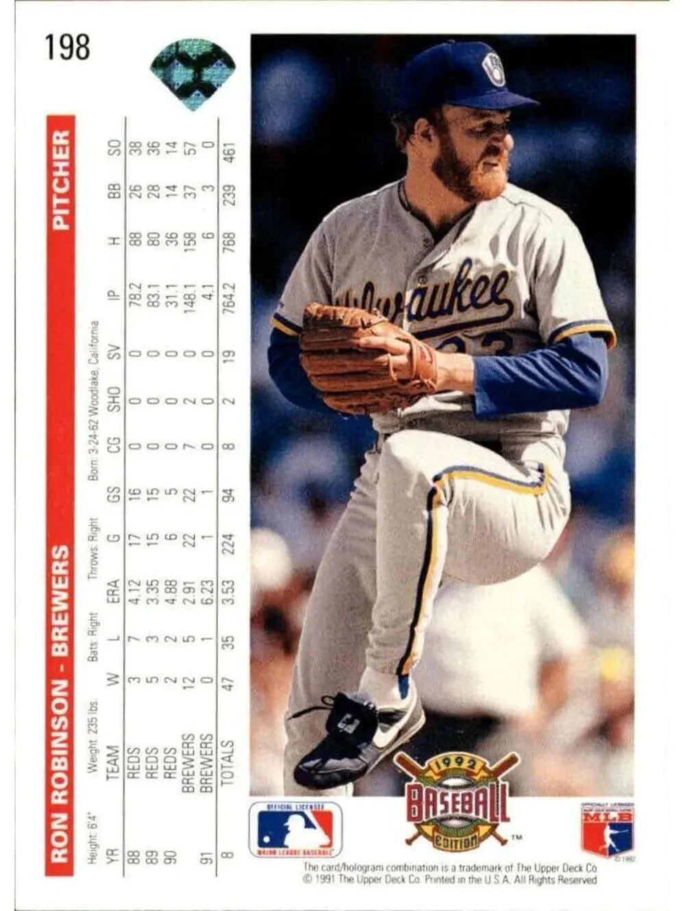 Ron Robinson 1992 Upper Deck MLB #198 Baseball Card Milwaukee Brewers